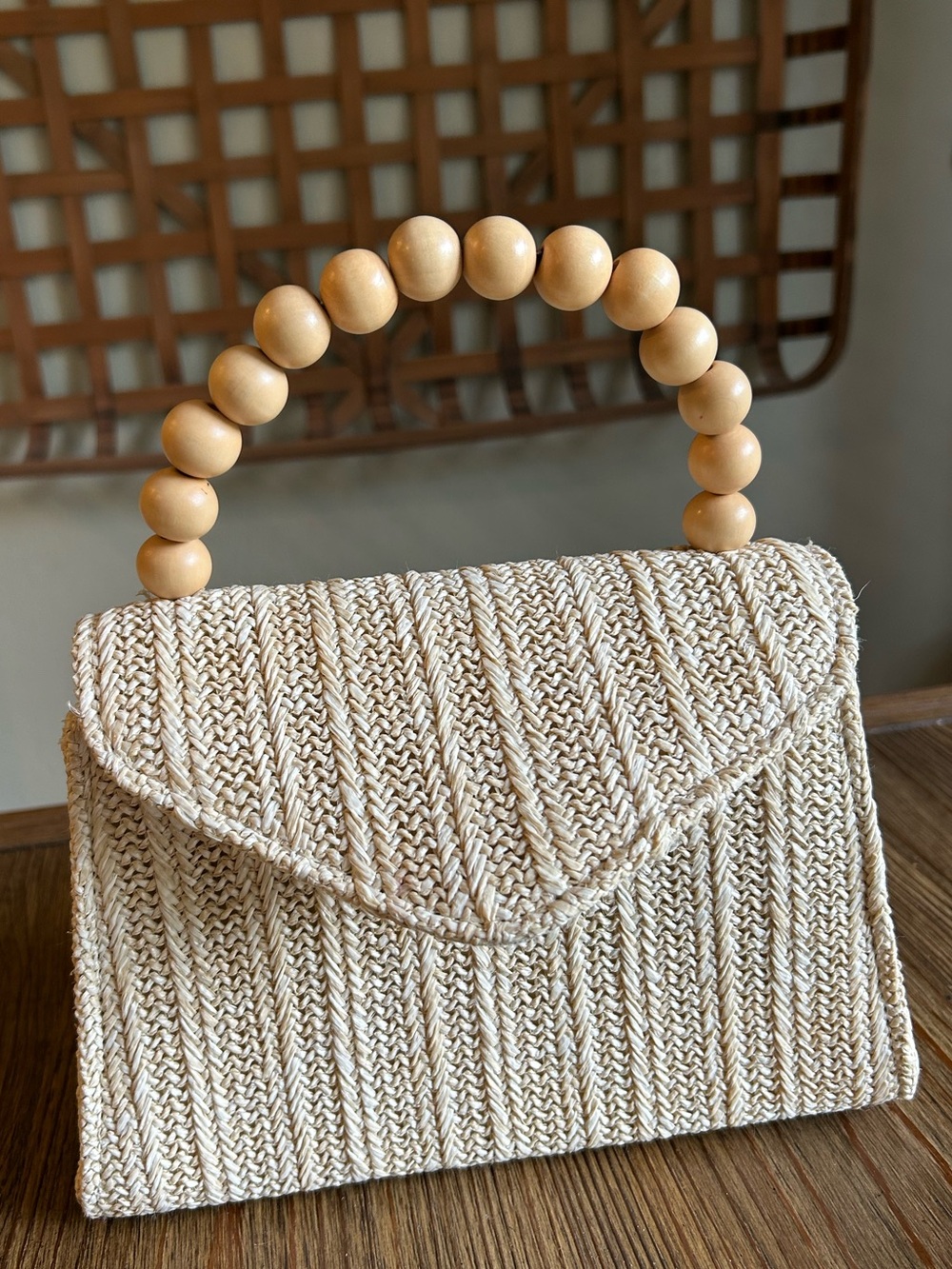 Tommy Bahama Cream Woven Top-Handle Bag with Wood Beaded Handle